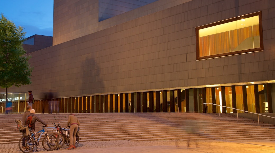 Palacio de Congresos and Auditorium of Navarra showing night scenes and street scenes as well as a small group of people