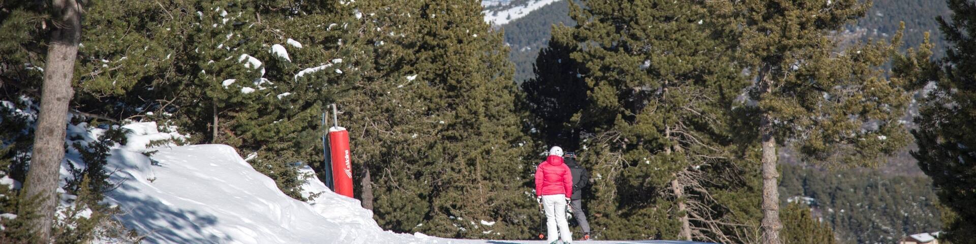 A skier on a snowy slope with snow-covered mountains in the background.