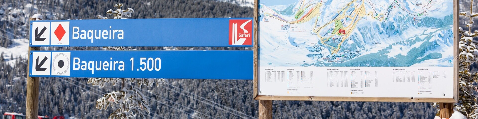 Baqueira Beret Ski Resort featuring snow, forest scenes and signage