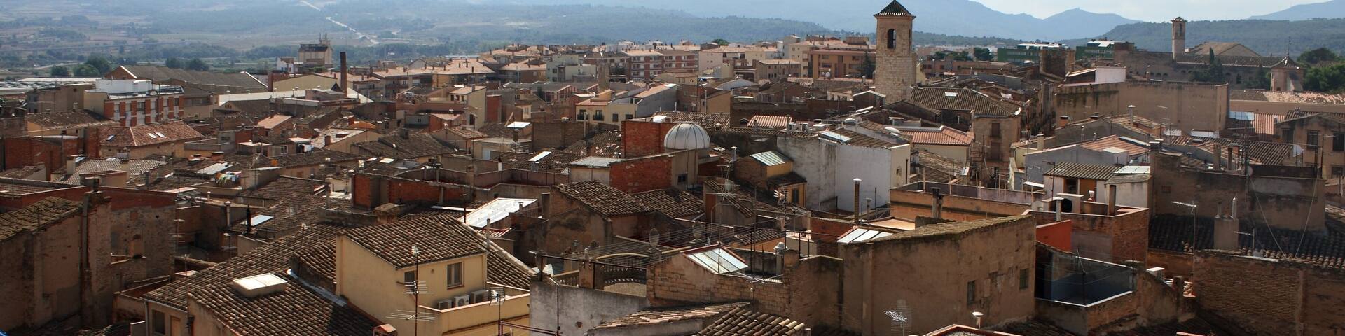 A densely packed urban area with terracotta-tiled rooftops, a prominent church tower, and mountains in the background.