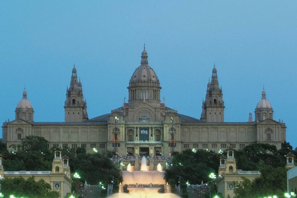 A grand building with domes and a fountain in front.