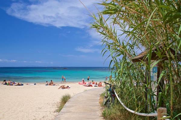 Uma praia com águas azul-turquesa cristalinas, um caminho de madeira e vegetação exuberante.