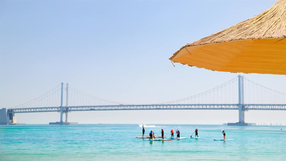 Gwangalli Beach which includes a bridge, kayaking or canoeing and general coastal views