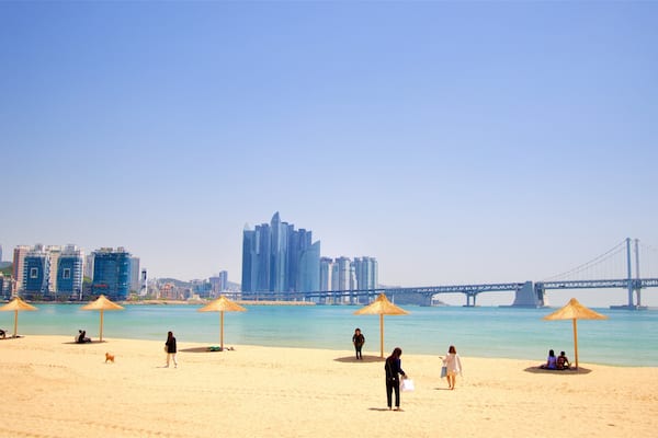 A beach with umbrellas, people, a dog, and a city skyline with a bridge in the background.