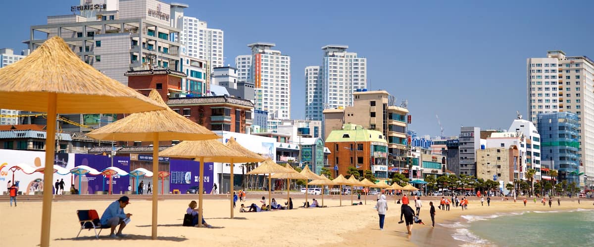 Gwangalli Beach showing general coastal views, a sandy beach and a coastal town