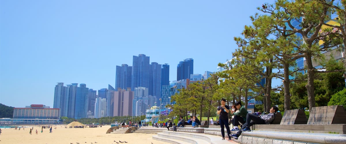 Playa de Haeundae mostrando vistas de una costa, una localidad costera y una ciudad