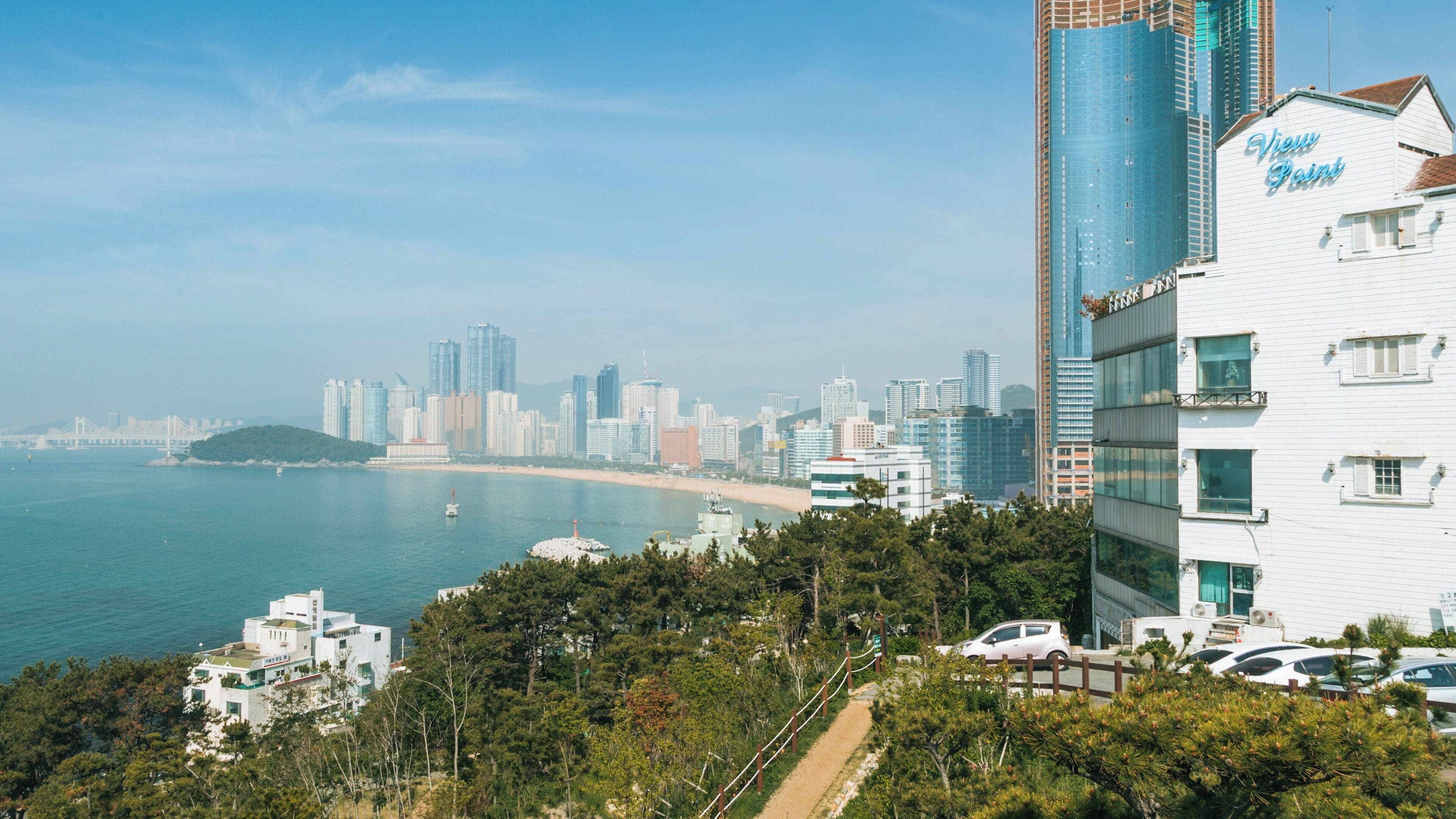 Stunning view of Haeundae Beach and skyline in Busan, South Korea during a clear day
