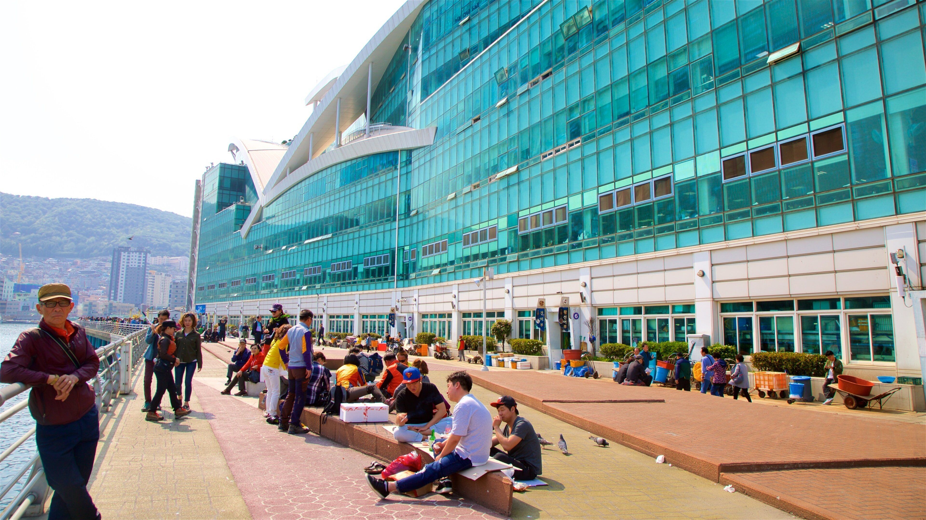 Jagalchi Fish Market featuring a river or creek and a city as well as a small group of people