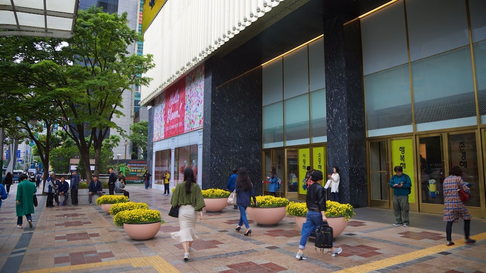 Lotte Department Store Busan Main Branch which includes street scenes and flowers as well as a small group of people