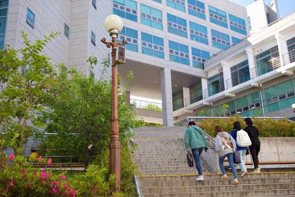 Pusan National University showing street scenes as well as a small group of people