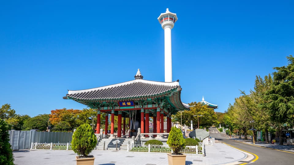 yongdusan park with bell pavilion and busan tower