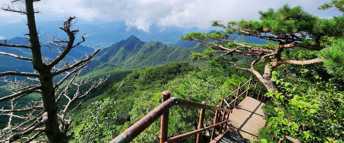 Korean mountains. hiking in gayasan national park south korea. path to the top of the mountain.