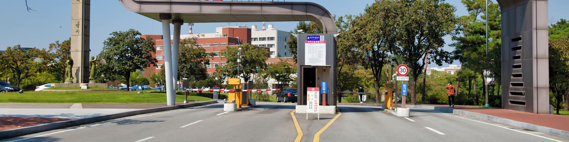 Una carretera bajo un gran viaducto, con un cartel de límite de velocidad de 30 km/h, una estatua y un edificio al fondo.