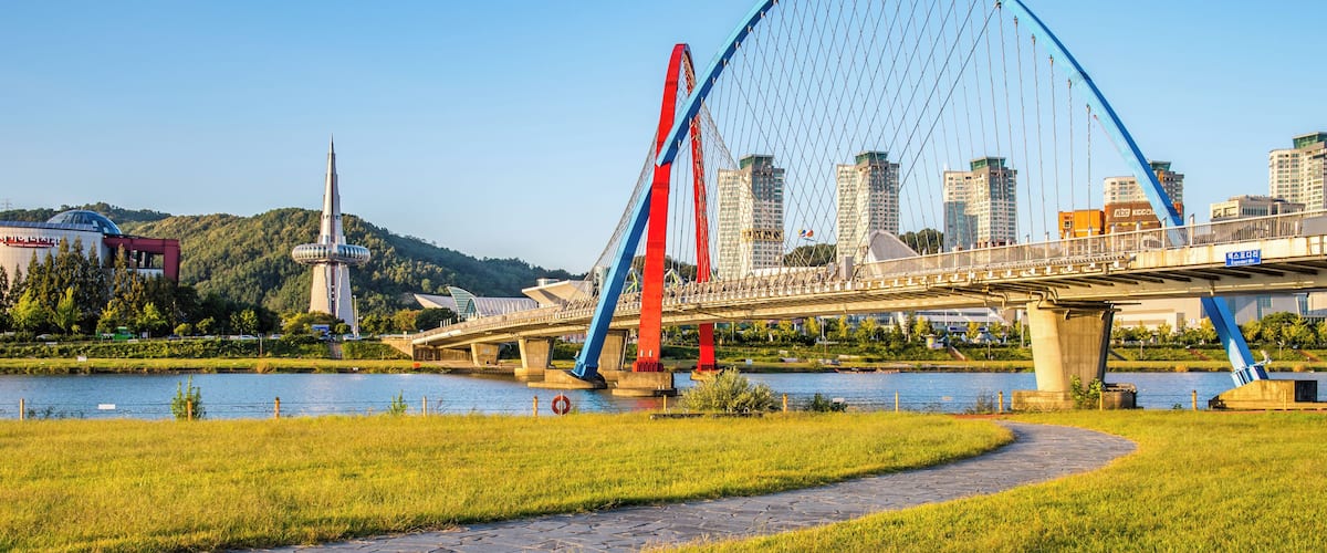 View of lawn and bridges in Expo Park at Gapcheon