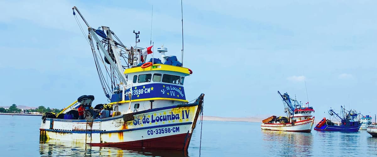 A fishing boat named 'Sr de Locumba IV' with the registration number CO-33598-CM, docked in calm waters with other boats in the background.