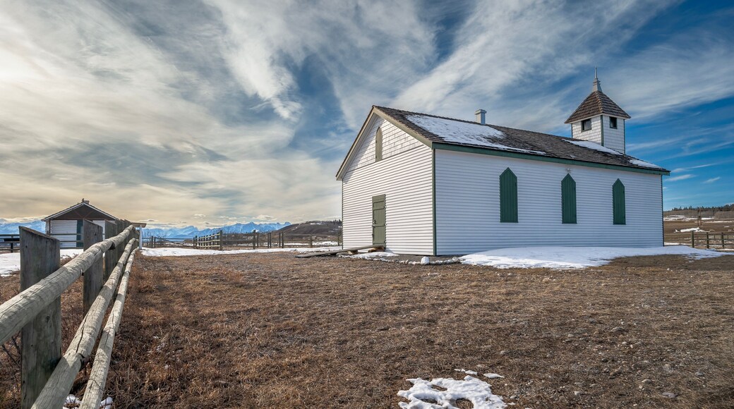 Historic wooden McDougall Memorial United Church on the Stoney Indian Reserve at Morley, Alberta, Canada
