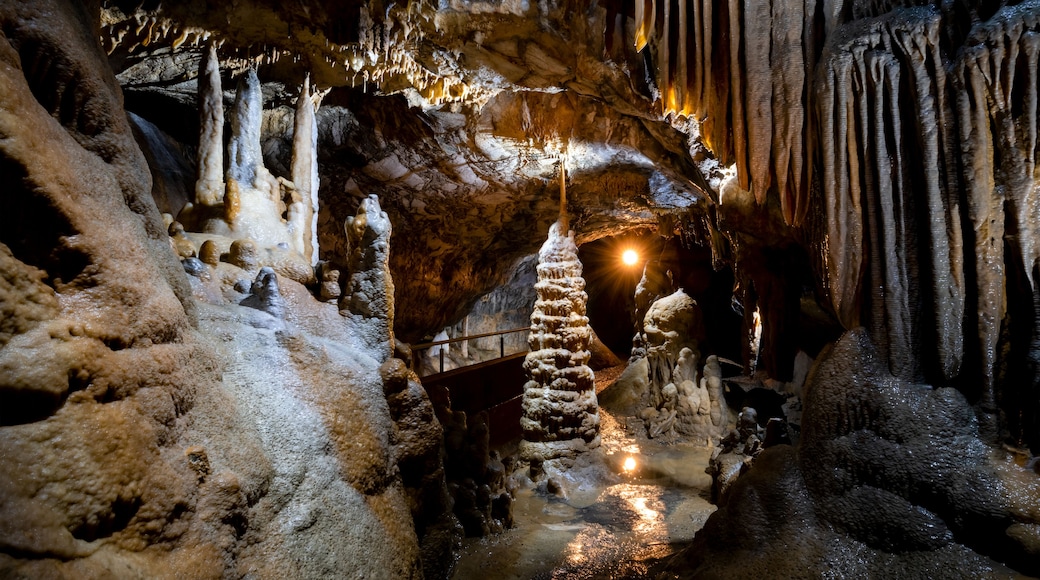 A cave with stalactites and stalagmites, a wooden bridge, and a light source at the end of the tunnel.