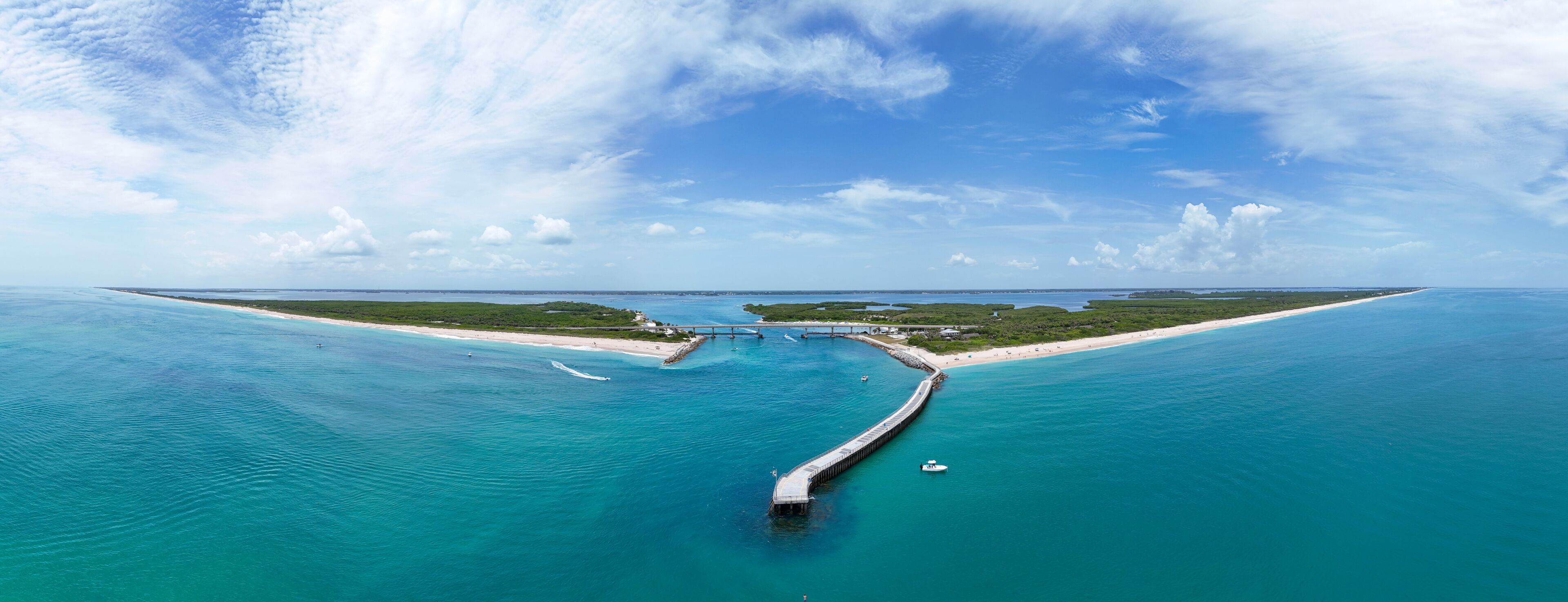 Panoramic of Sebastian Inlet State Park and fishing pier in Melbourne Beach in Brevard County, Florida. 
