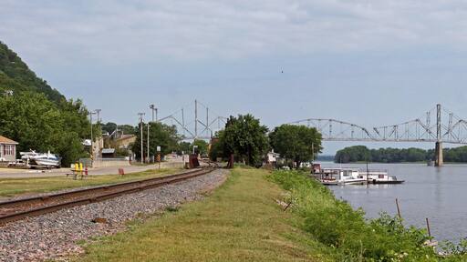 The temporarily closed the Black Hawk Bridge, Mississippi River, joining Lansing IA, to WI. View from the South, is a riveted cantilever truss bridge. The Iowa DOT is planning a replacement bridge.