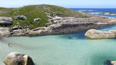 Un paisaje costero con aguas turquesas cristalinas, grandes rocas y una colina cubierta de hierba.