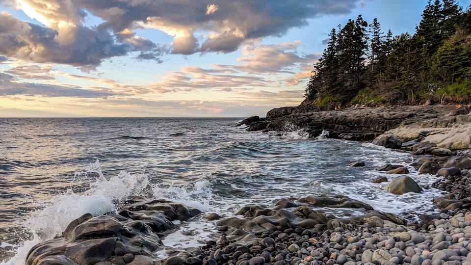 A rocky shoreline with waves crashing against the rocks and a forested cliff in the background.