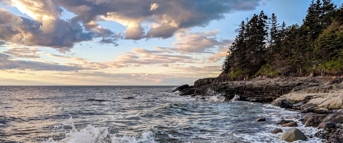 A rocky shoreline with waves crashing against the rocks and a forested cliff in the background.
