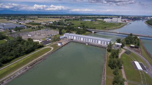 aerial view hydro-electric power plant Ottmarsheim