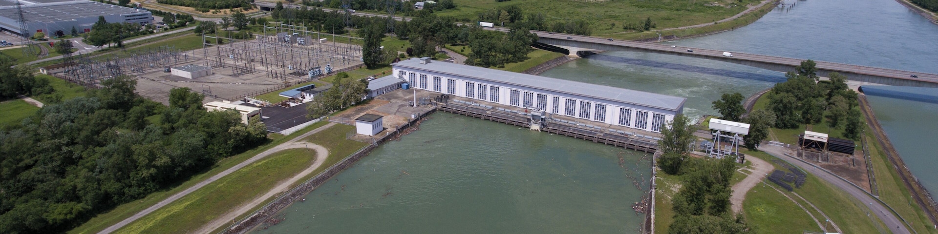 aerial view hydro-electric power plant Ottmarsheim