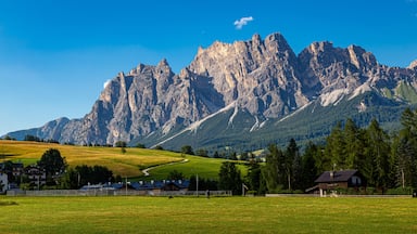View of Cortina d'Ampezzo town, Belluno, and mountains Dolomites . Italy.