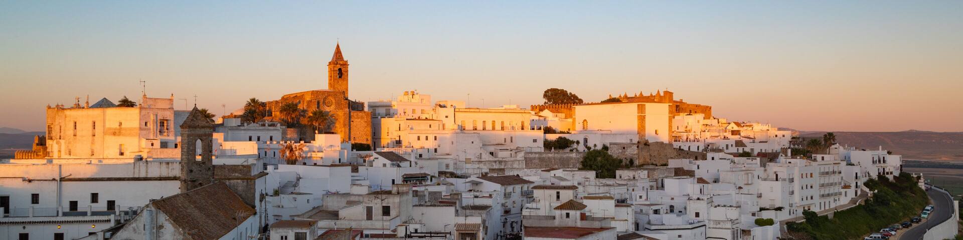 A coastal town with white buildings, a prominent church, and a fortified castle.