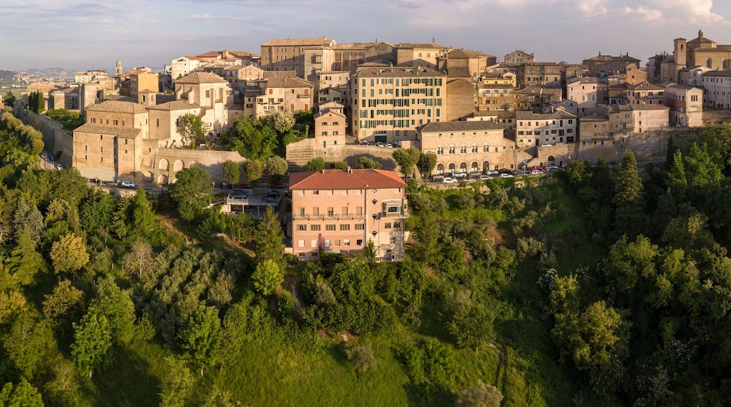 Aerial view of the municipality of Osimo, in the province of Ancona, in the Marche region, in Italy. The historic center, located on the highest hill of the city, called Gòmero, is a mountain tourist