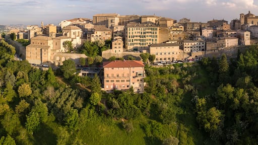 Aerial view of the municipality of Osimo, in the province of Ancona, in the Marche region, in Italy. The historic center, located on the highest hill of the city, called Gòmero, is a mountain tourist