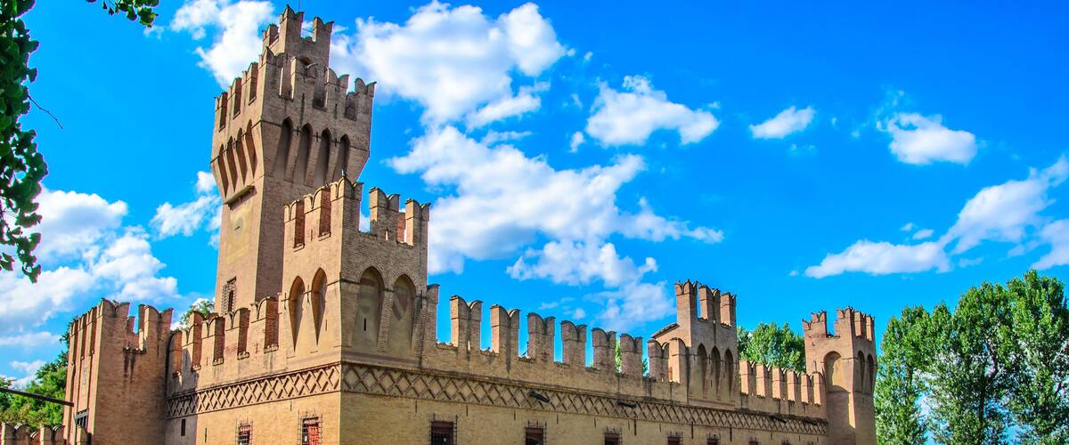 A large medieval castle with multiple towers and a moat.