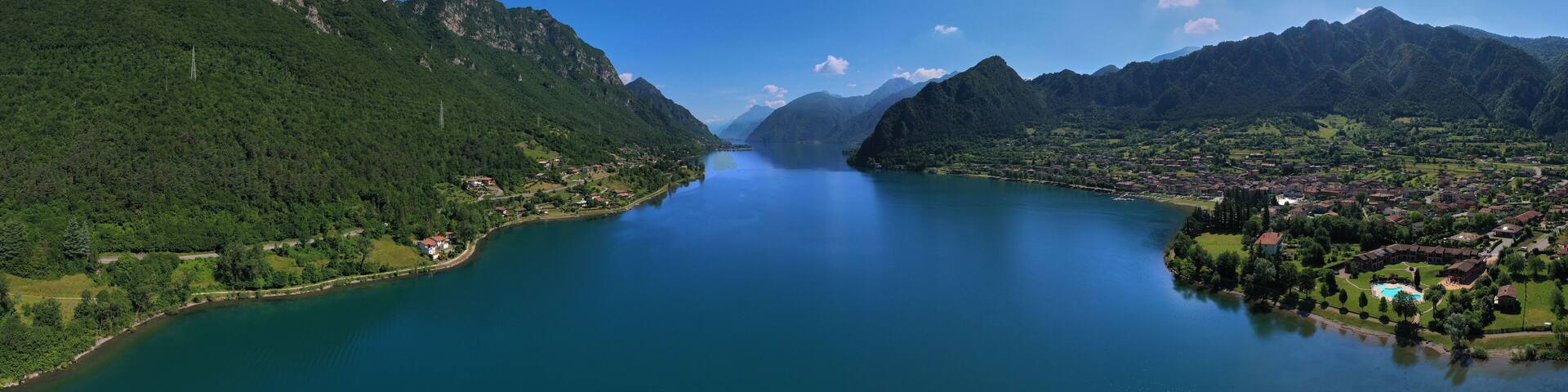 Aerial photography with drone. Panoramic view of Lake Idro in the north of Italy In the Alps.