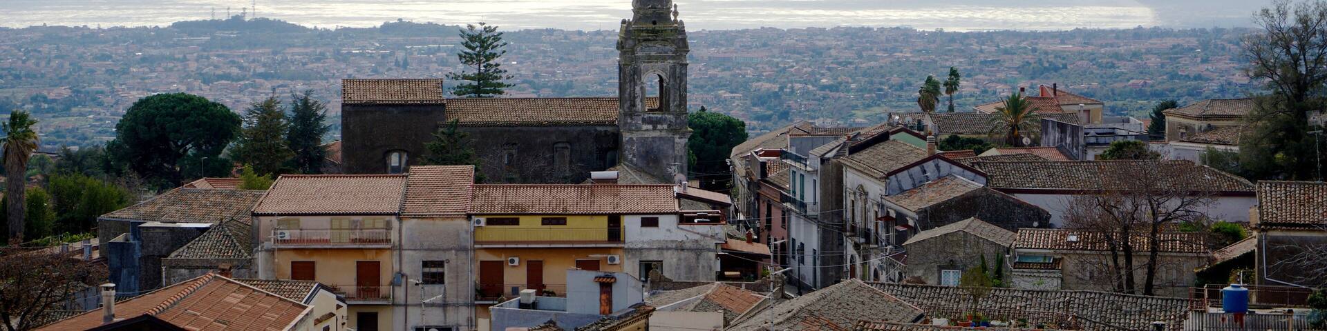 Italy, Sicily, village of Trecastagni on the Mount Etna slopes. View of the historical center.