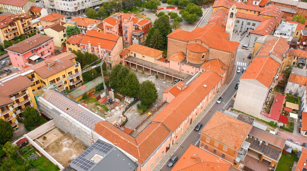 Aerial view of the parish church of San Remigio in Vimodrone, in the metropolitan city and archdiocese of Milan, Italy. This Catholic place of worship is part of the deanery of Cologno Monzese.