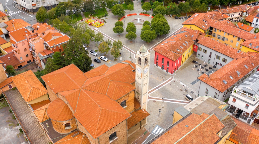 Aerial view of the parish church of San Remigio in Vimodrone, in the metropolitan city and archdiocese of Milan, Italy. This Catholic place of worship is part of the deanery of Cologno Monzese.