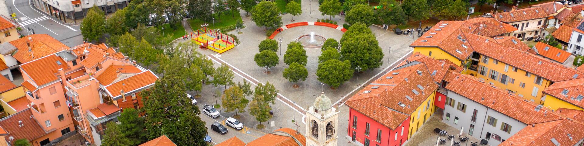 Aerial view of the parish church of San Remigio in Vimodrone, in the metropolitan city and archdiocese of Milan, Italy. This Catholic place of worship is part of the deanery of Cologno Monzese.