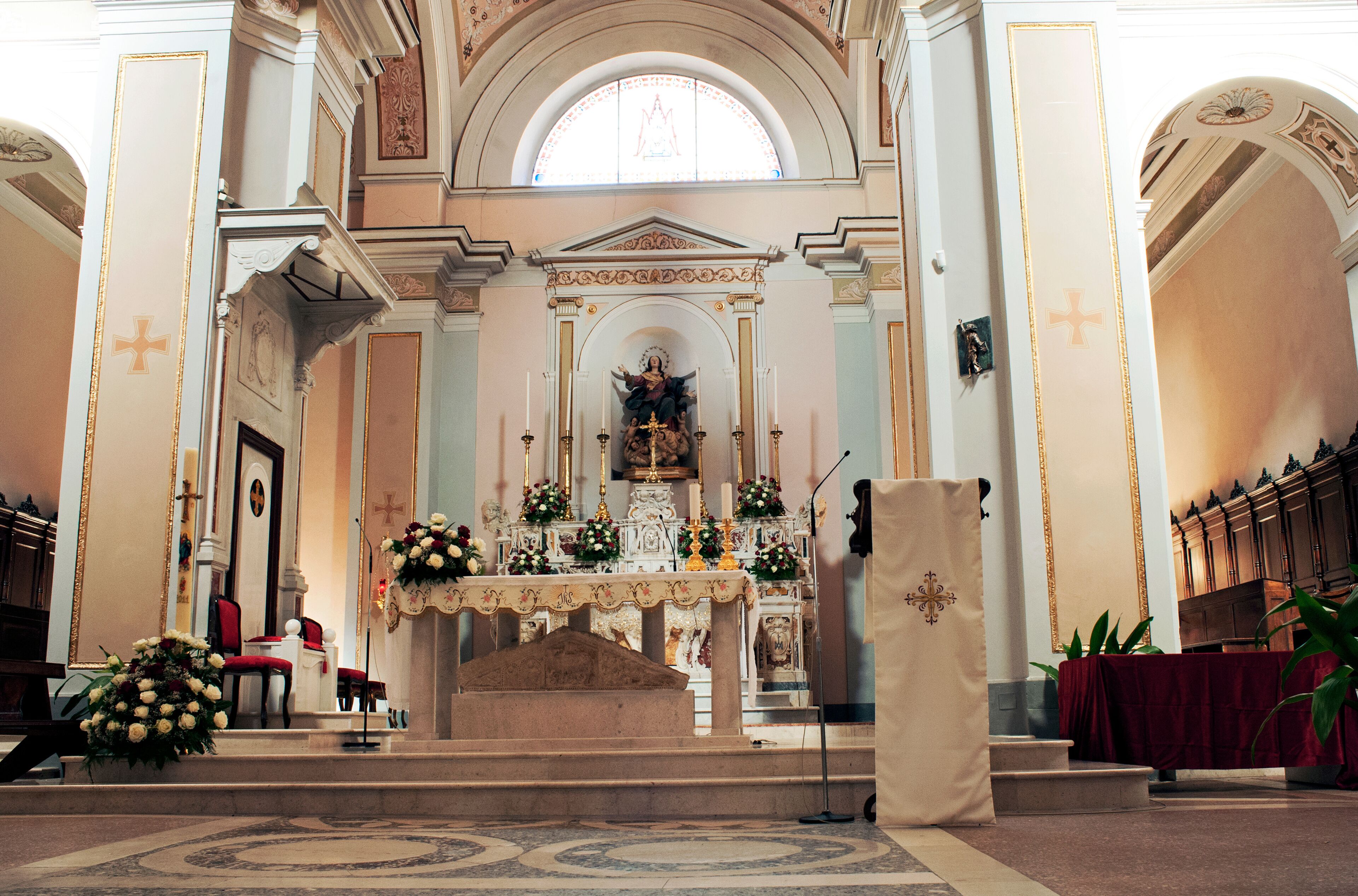 Interior of the old Cathedral Santa Maria Maggiore, Teggiano, Salerno, Italy.