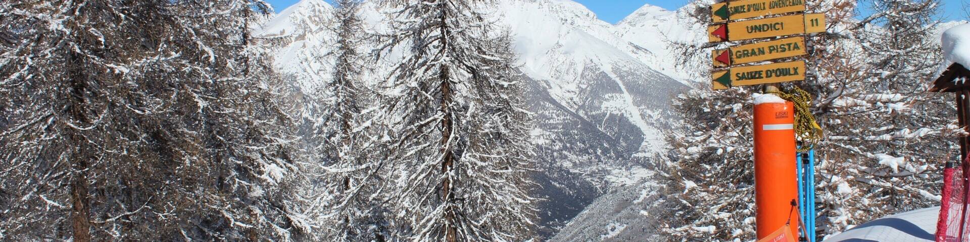Sauze d\'Oulx mit einem Skifahren, Schnee und Beschilderung