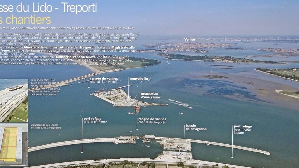 An aerial view of the Lido-Trepoli passage with three locks, a new island, and a port refuge.