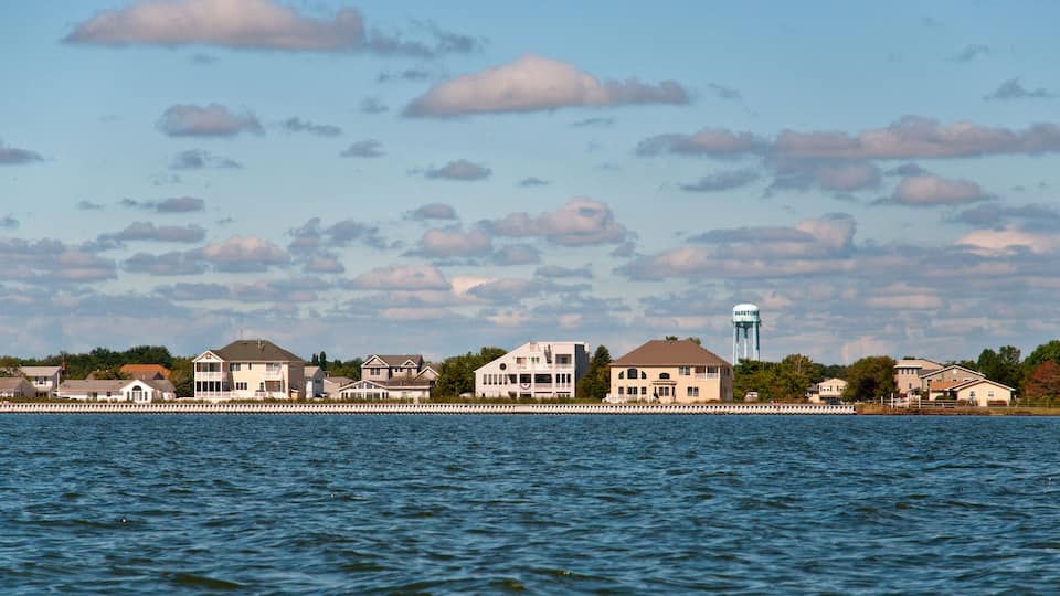 A waterfront with houses and a water tower.