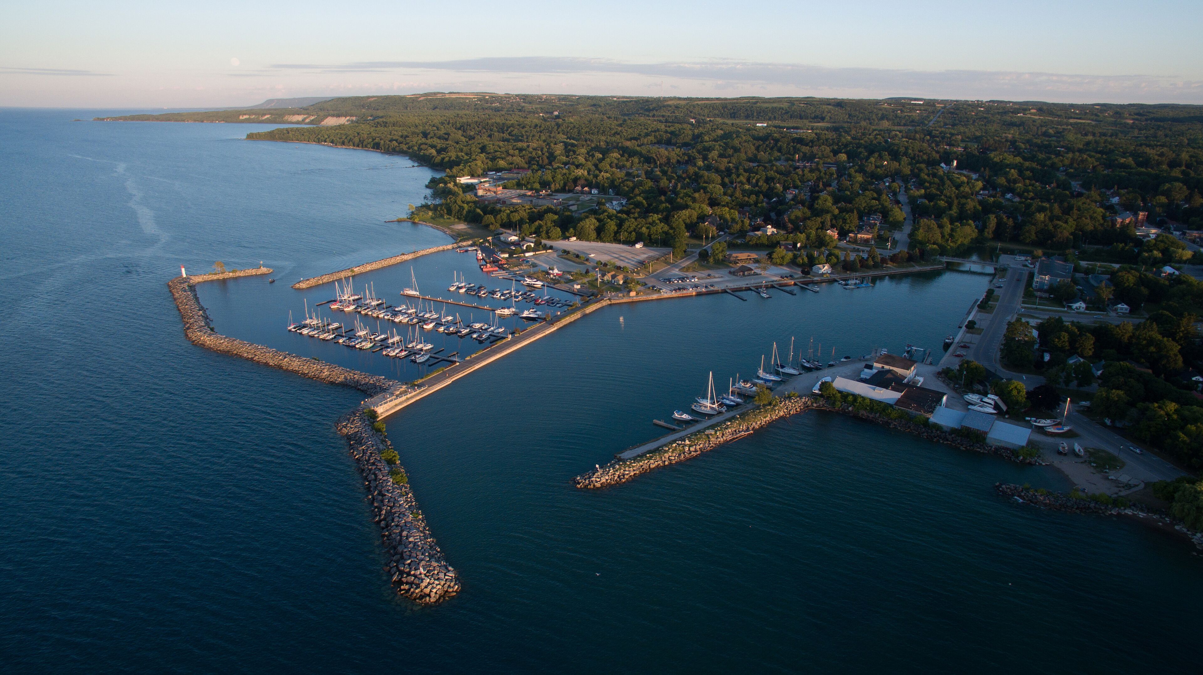 Aerial view of the waterfront in Meaford Ontario, Canada.