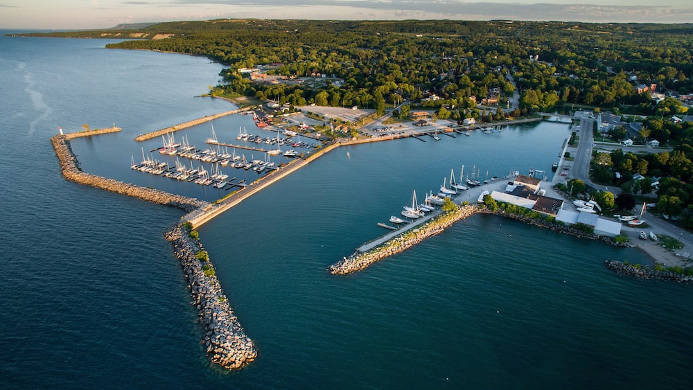 Aerial view of the waterfront in Meaford Ontario, Canada.