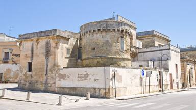 Un bâtiment historique doté d’une tour ronde et situé devant une rue.