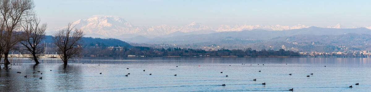 Landscape of Cicognola beach between Lake Maggiore and the Ticino river in Castelletto sopra Ticino, Italy