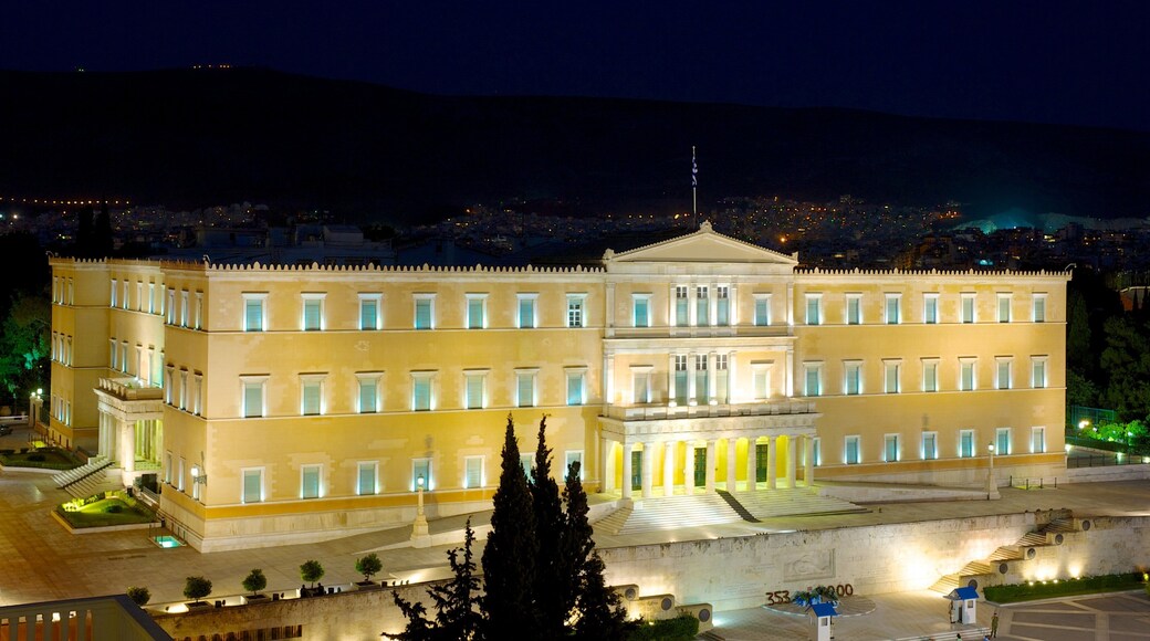 Syntagma Square showing night scenes and heritage architecture