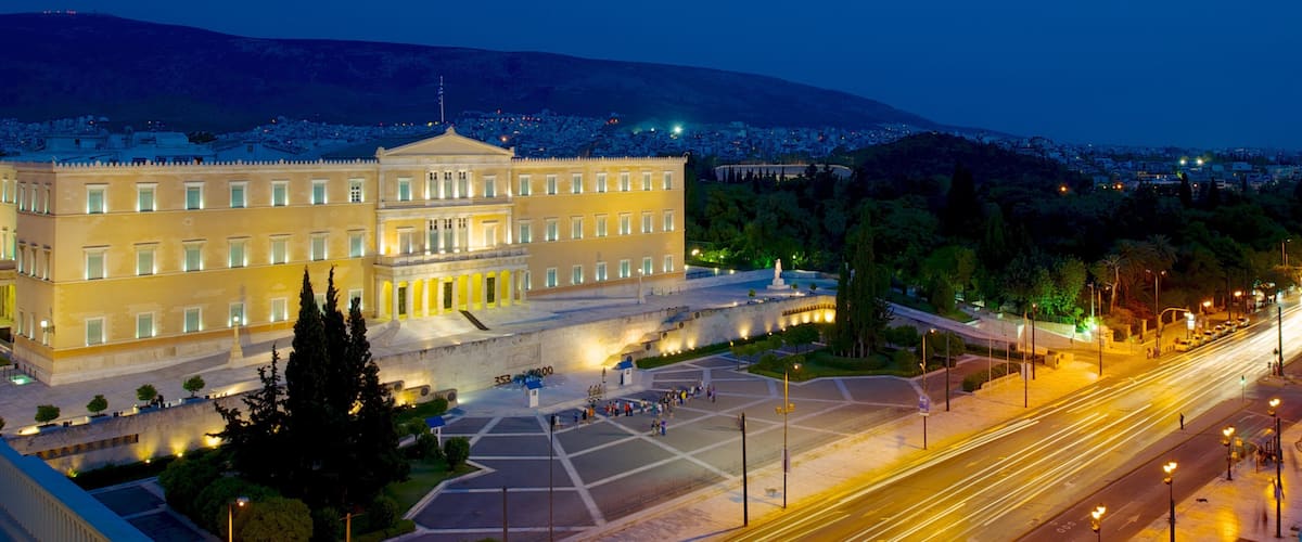 Syntagma Square showing night scenes, a square or plaza and a city