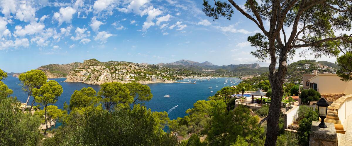 A coastal town with a view of the sea, mountains, and trees.