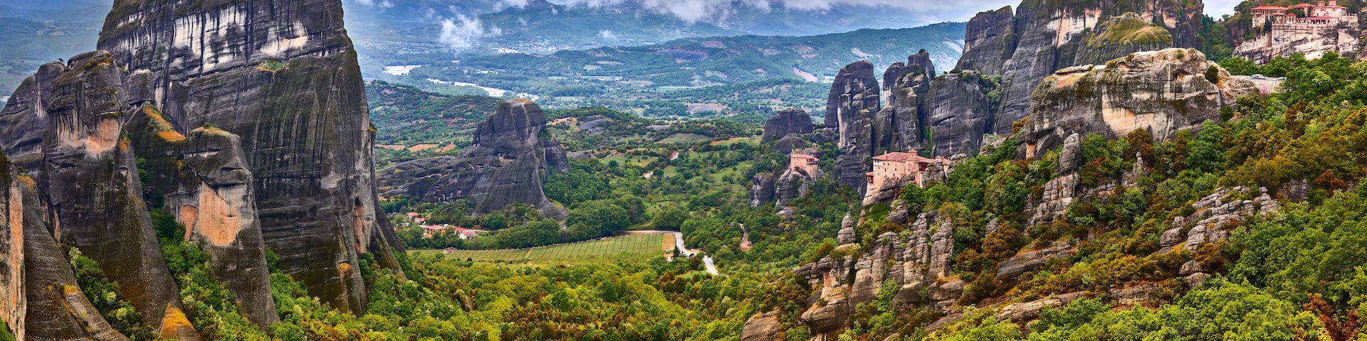 Meteora monasteries, Greece Kalambaka. UNESCO World Heritage site. Colorful spring landscape. Monastery of Varlaam (Rousanou, Ypapanti, St. Nicholas Anapavsa)